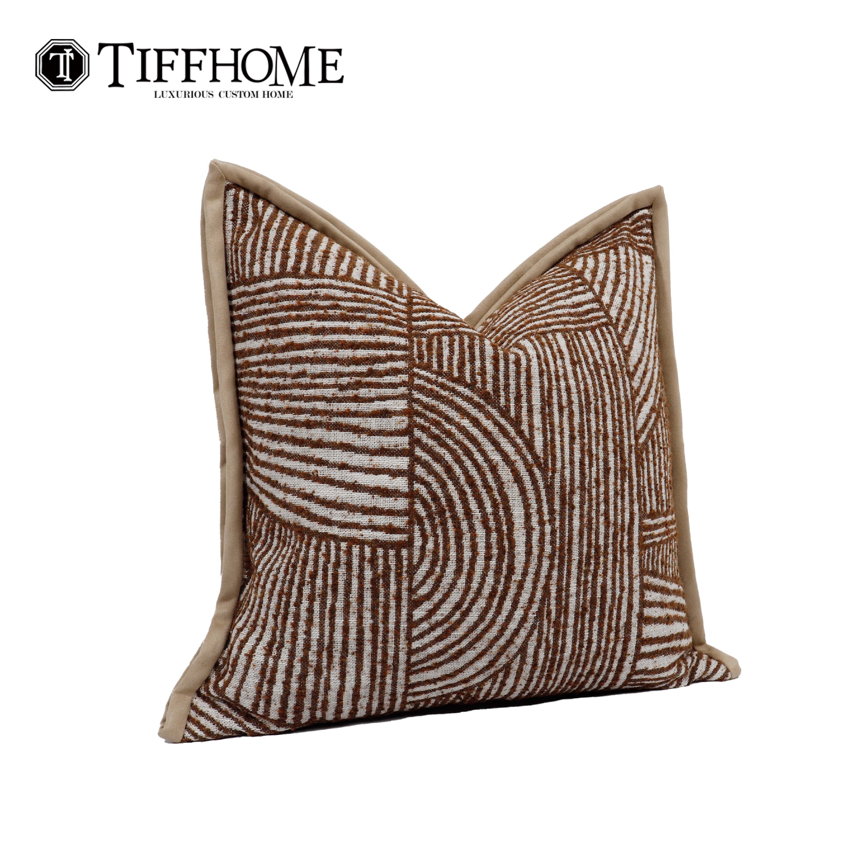 Tiff Home Wholesale Hot Style Coffee Color Organic Texture Cushion Cover Cotton And Linen Customized Line Pattern Throw Pillow