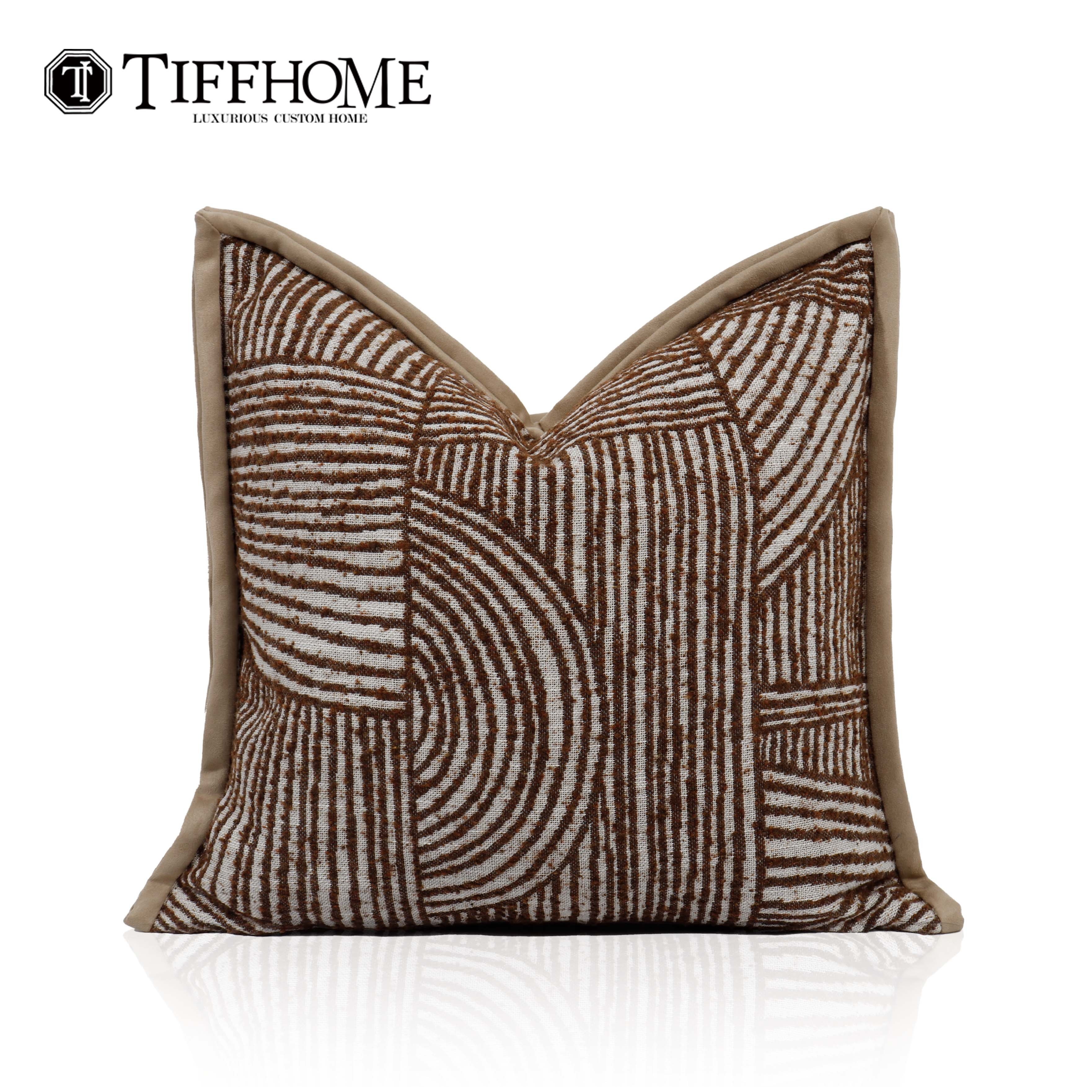 Tiff Home Wholesale Hot Style Coffee Color Organic Texture Cushion Cover Cotton And Linen Customized Line Pattern Throw Pillow
