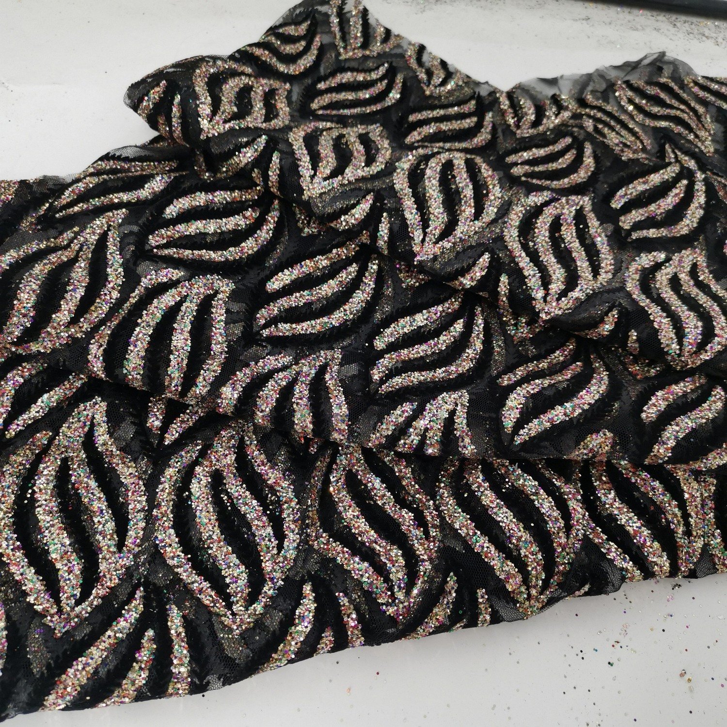100%Polyester embroidery mesh fabric Sugar Metallic and trance flocking fabric for dress and clothes fashion show fabric