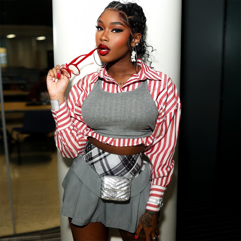 Women Lapel Long Sleeve Single Breasted Cropped Shirt with Ribbed Vest 2 Piece Set 2024 Summer Fashion Tops
