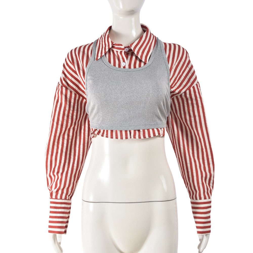 Women Lapel Long Sleeve Single Breasted Cropped Shirt with Ribbed Vest 2 Piece Set 2024 Summer Fashion Tops