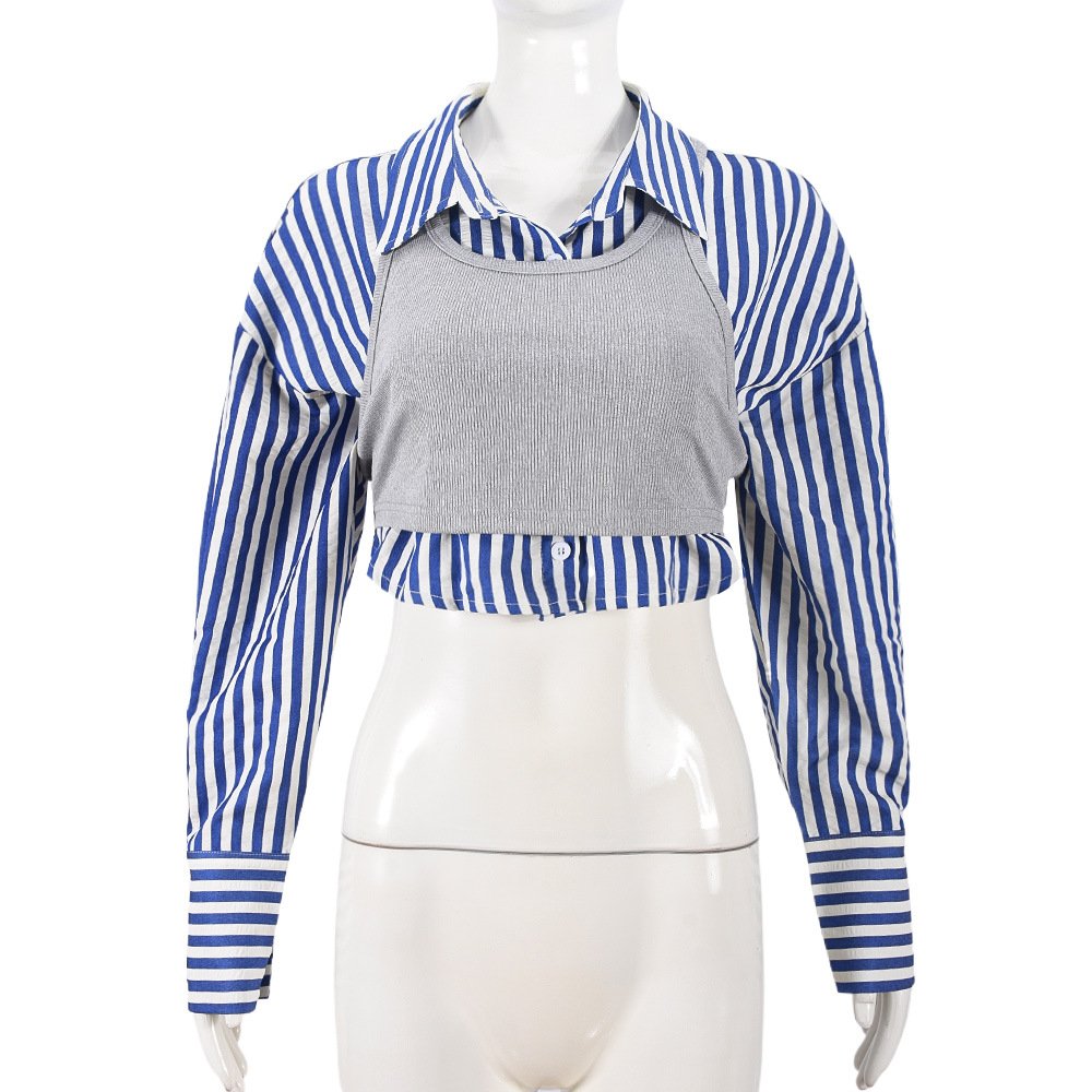 Women Lapel Long Sleeve Single Breasted Cropped Shirt with Ribbed Vest 2 Piece Set 2024 Summer Fashion Tops