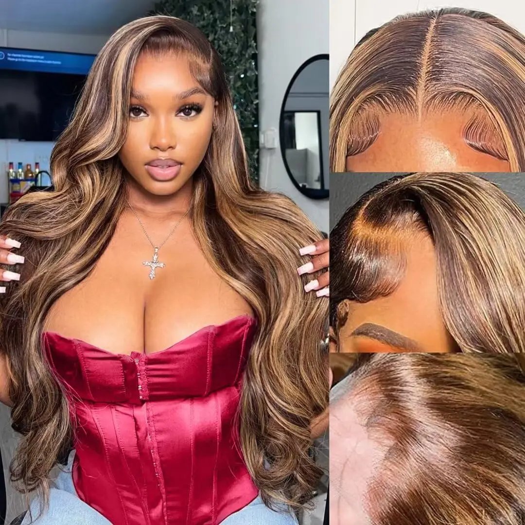 Highlight HD Lace Front Wig Human Hair 13X6 Body Wave Human Hair Wigs 180% Density Honey Blonde Curly Ombre Lace Frontal Wig