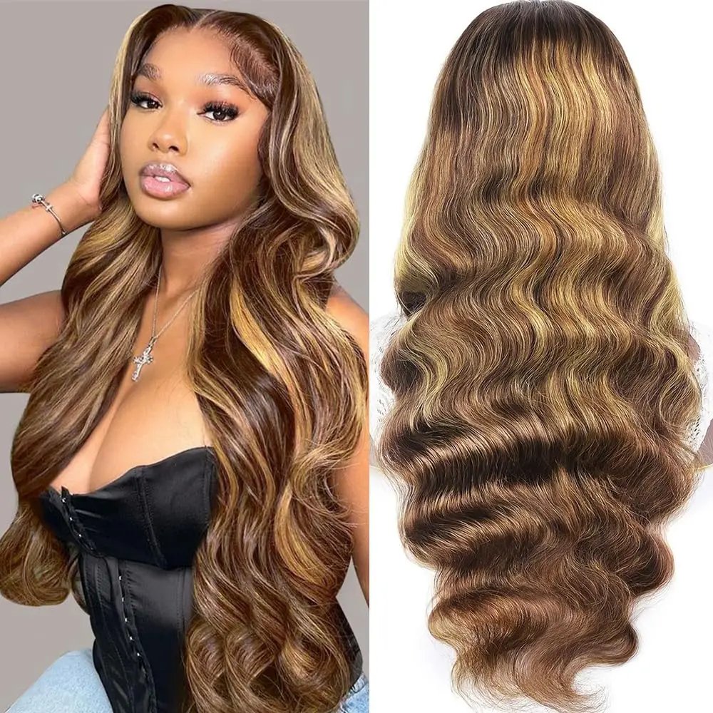 Highlight HD Lace Front Wig Human Hair 13X6 Body Wave Human Hair Wigs 180% Density Honey Blonde Curly Ombre Lace Frontal Wig