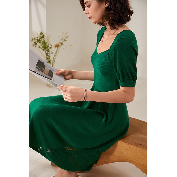 Summer Women's Long Dress Fashion Casual V Neck Short Sleeve Knit Ribbed Anti-Static Dress