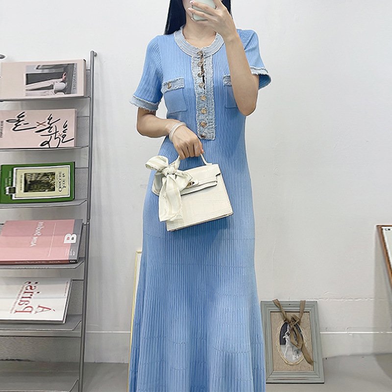 Wholesale Elegant Summer Blocking Color Crew Neck Short Sleeve Waist Fitting Ribbed Knitted Maxi Dress Women