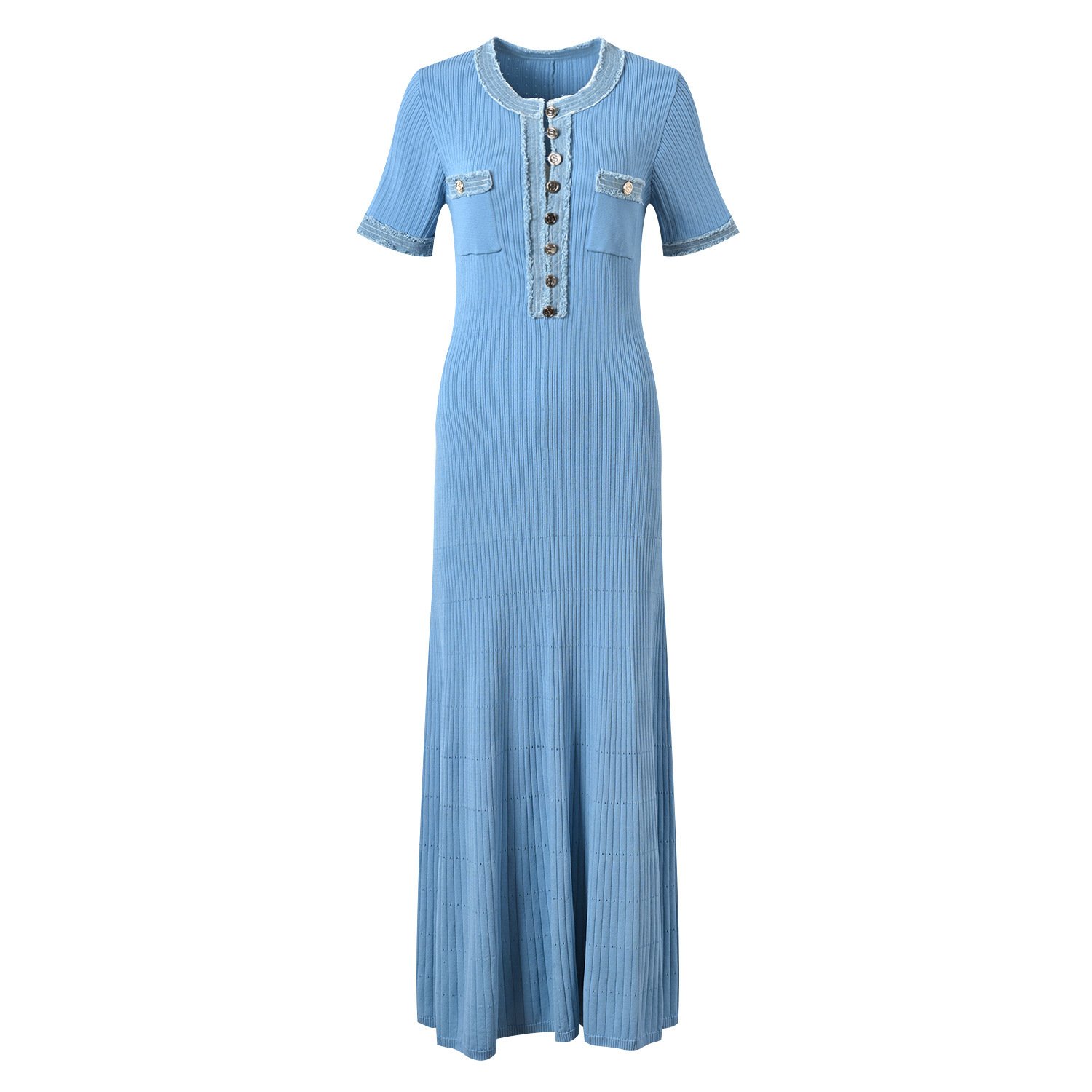 Wholesale Elegant Summer Blocking Color Crew Neck Short Sleeve Waist Fitting Ribbed Knitted Maxi Dress Women