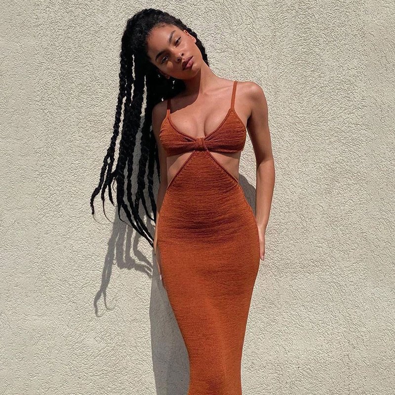Womens Sexy Knitted Cut Out Spaghetti Strap Long Dresses Halter Neck Backless Maxi Dress Club Party
