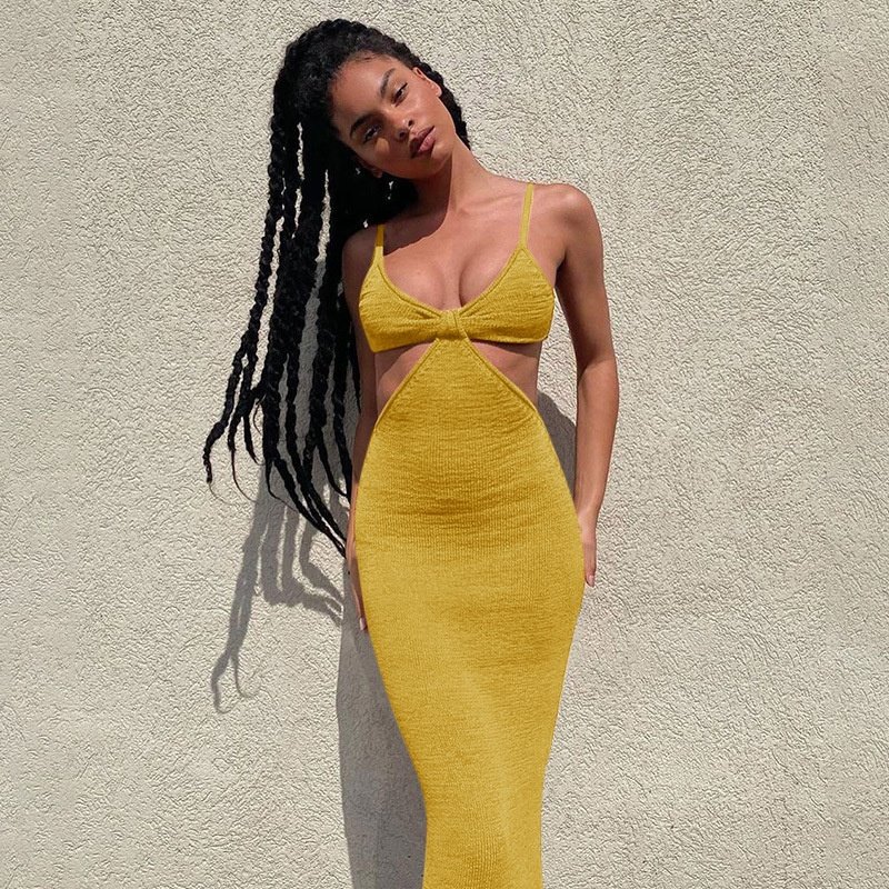 Womens Sexy Knitted Cut Out Spaghetti Strap Long Dresses Halter Neck Backless Maxi Dress Club Party