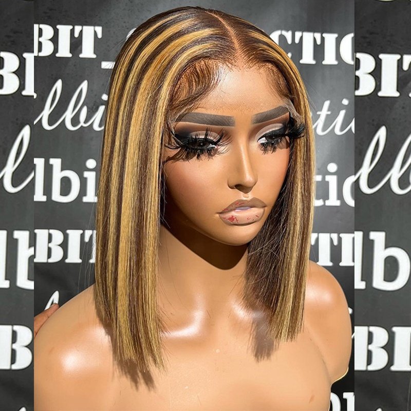 Wholesale Double Drawn Highlight Bone Straight PrePluck 13x4 Full Transparent Bob Wigs Human Hair Lace Front for Black Women