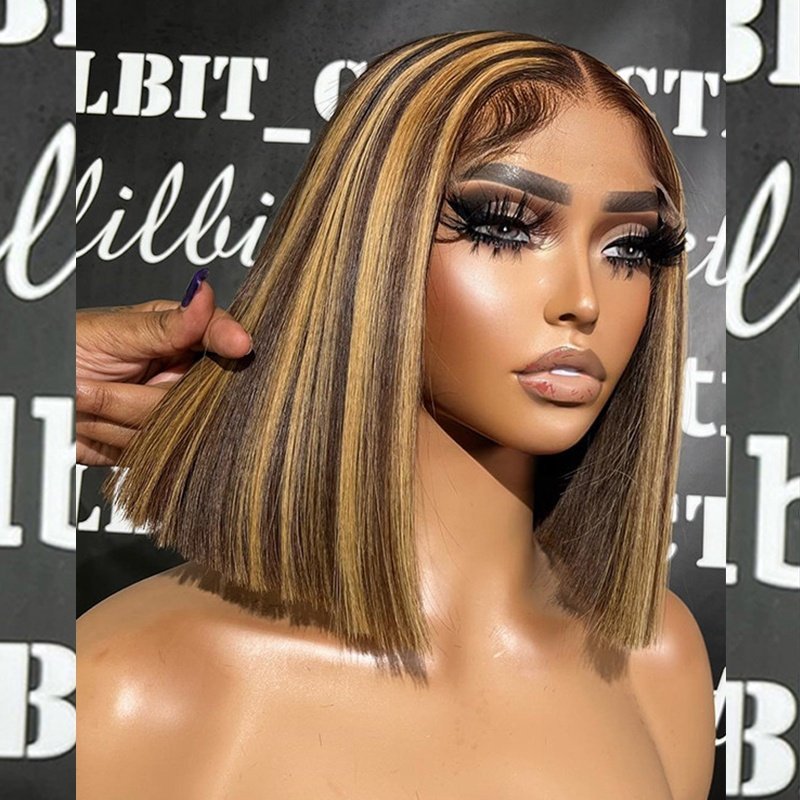 Wholesale Double Drawn Highlight Bone Straight PrePluck 13x4 Full Transparent Bob Wigs Human Hair Lace Front for Black Women