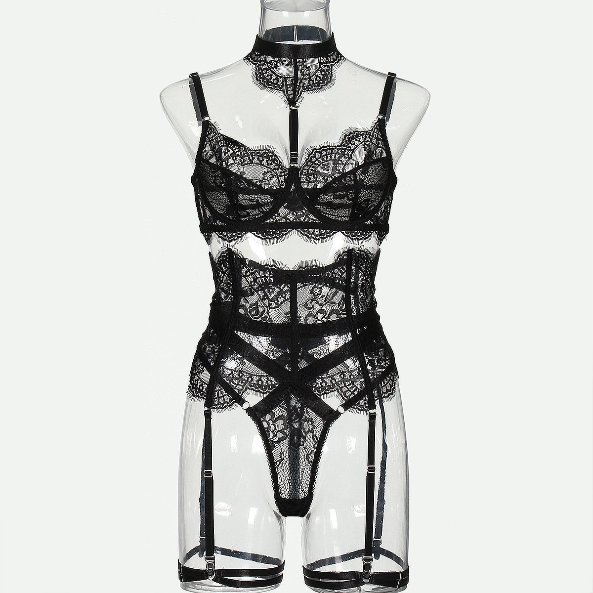 Halter Neck Women's Luxury Lace Eyelash Seductive Set 5 Piece Underwear Sets See Through Valentine's Day Lingerie With Garter