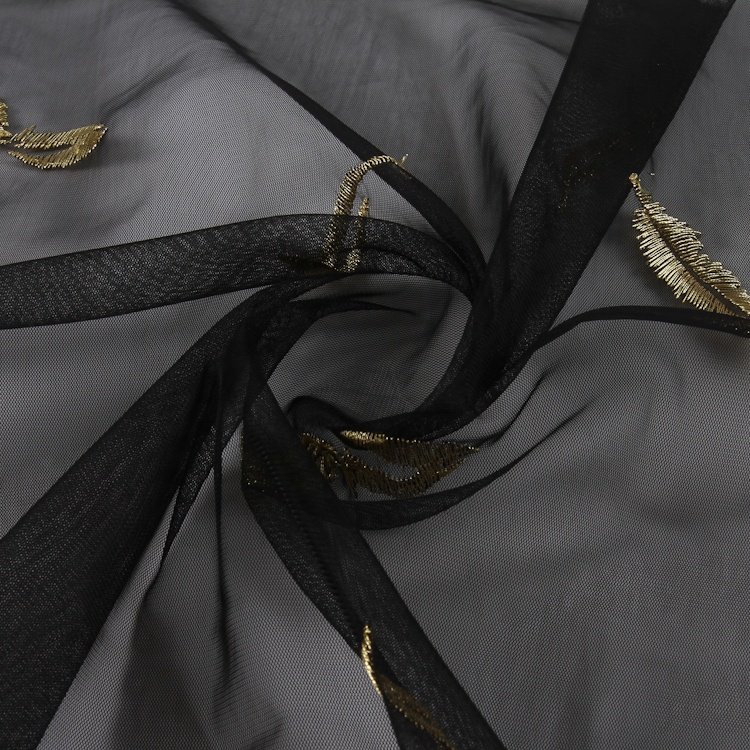 HA-15409 High quality feather embroidery gold embroidered tulle lace fabric french