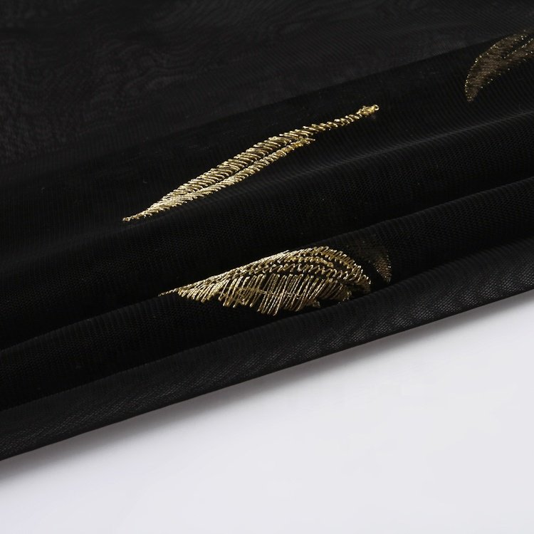 HA-15409 High quality feather embroidery gold embroidered tulle lace fabric french