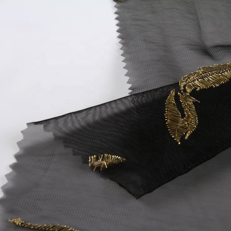 HA-15409 High quality feather embroidery gold embroidered tulle lace fabric french