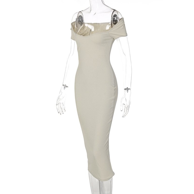 M3835 hot sale solid color rib knit short sleeve off shoulder casual long elegant women dresses