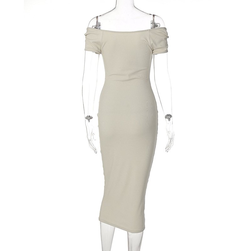 M3835 hot sale solid color rib knit short sleeve off shoulder casual long elegant women dresses