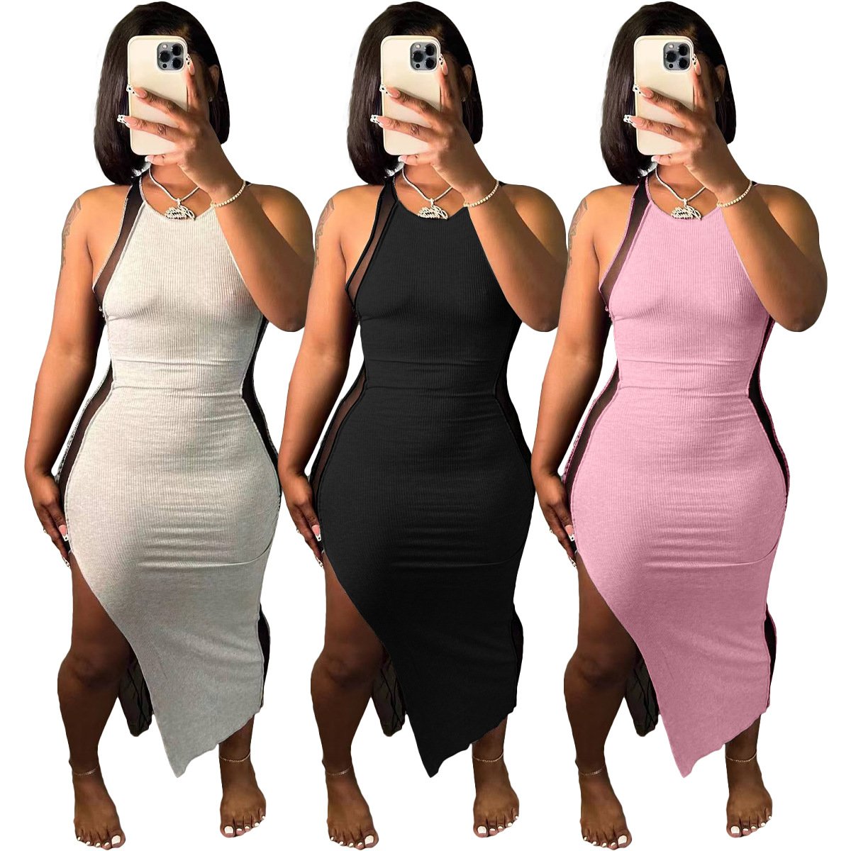 OLAF Newest Design Side Mesh Patchwork Long Dress Summer Women Sleeveless O-Neck Side Slit Ribbed Dress