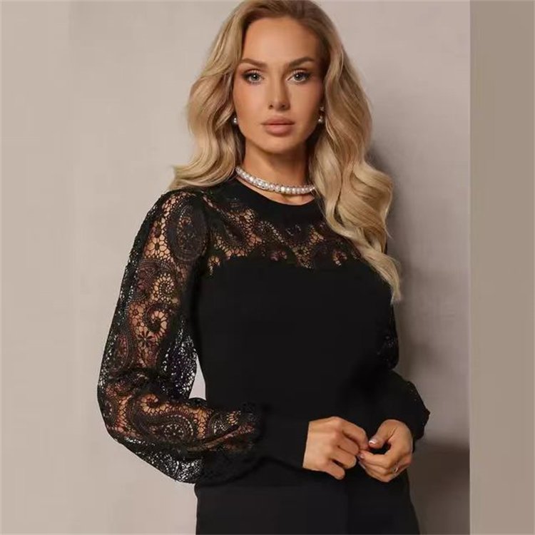 Hollow Out Lace T Shirt Solid Y2K Rib Top Long Sleeved Sexy Elastic Top for Women