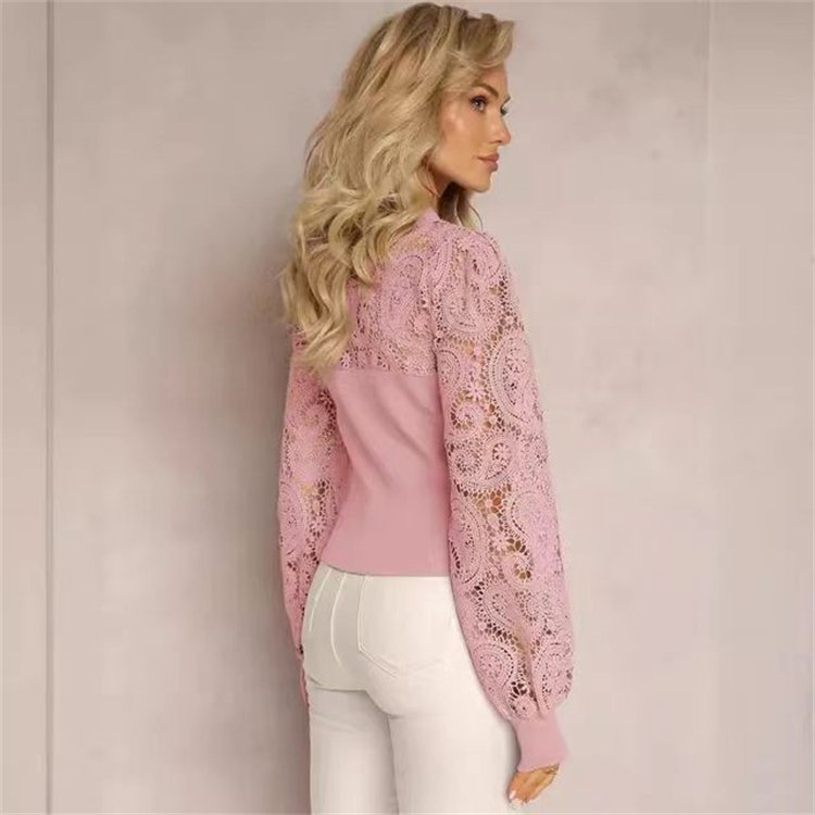 Hollow Out Lace T Shirt Solid Y2K Rib Top Long Sleeved Sexy Elastic Top for Women