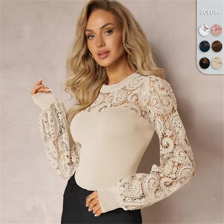 Hollow Out Lace T Shirt Solid Y2K Rib Top Long Sleeved Sexy Elastic Top for Women