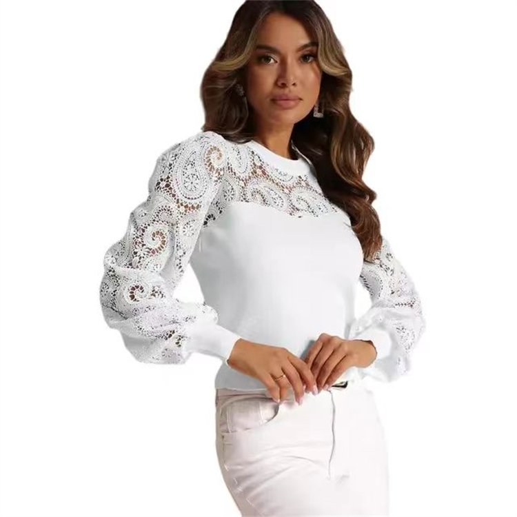 Hollow Out Lace T Shirt Solid Y2K Rib Top Long Sleeved Sexy Elastic Top for Women
