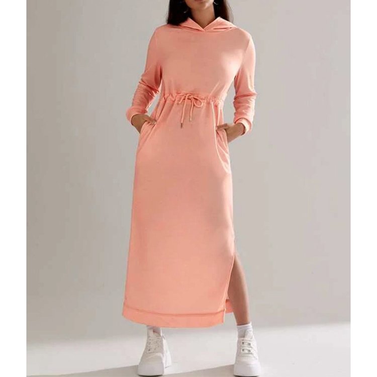F230033 2024 Spring Autumn Women's Maxi Rib Ladies Dress Bodycon Sexy Long Sleeve Hooded Casual Slim Dresses For Women