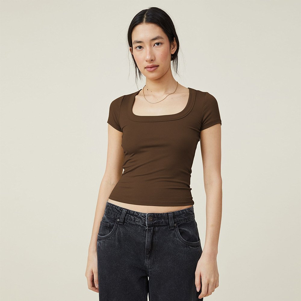 Summer Casual Round Neck Tee Square Neckline And Ribbed Knit Short Sassy Women's Top