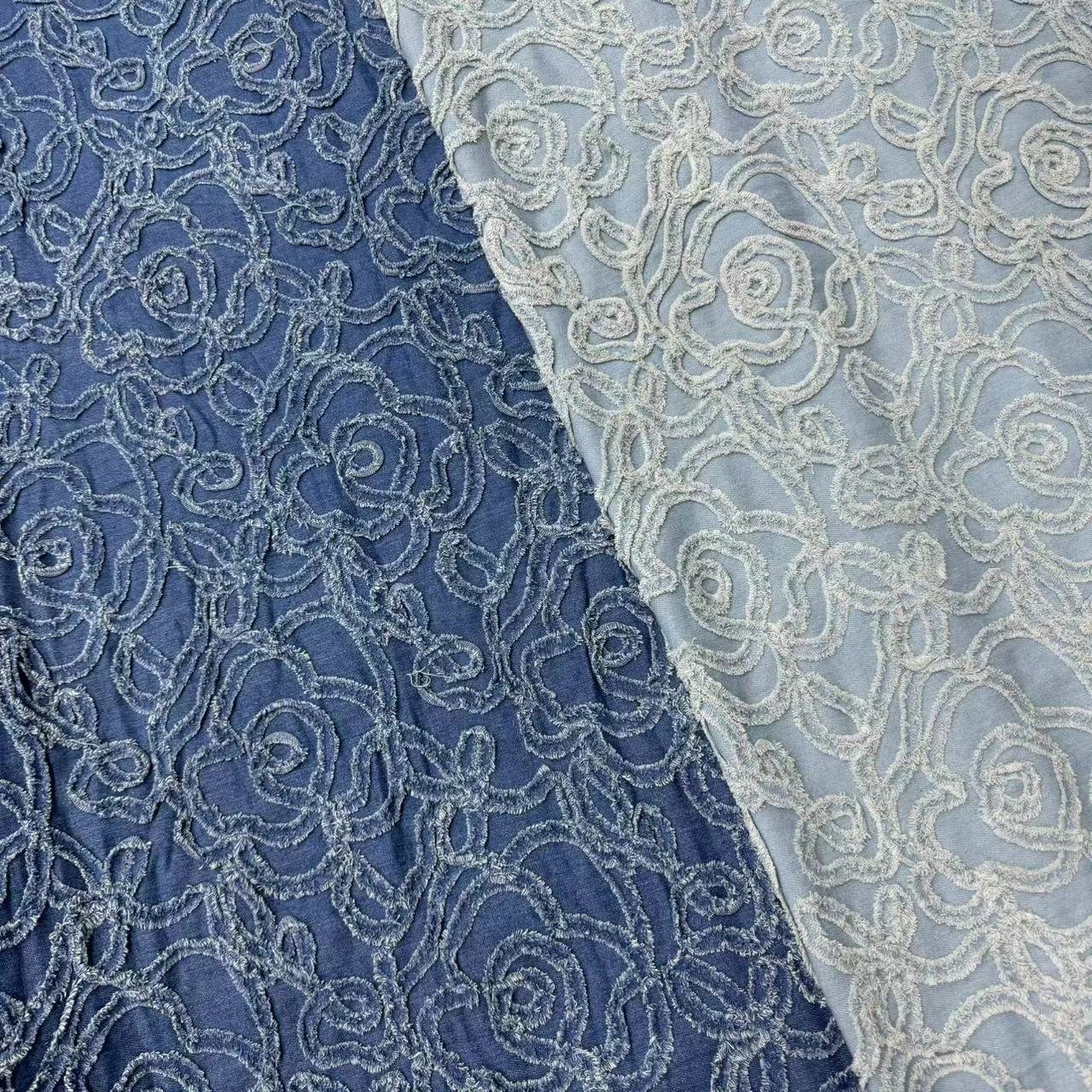 ZSY Shirt Bag Fabric Embroidery Flower for Jean Dress Denim Flower Pattern Blue Denim Embroidered Fabric