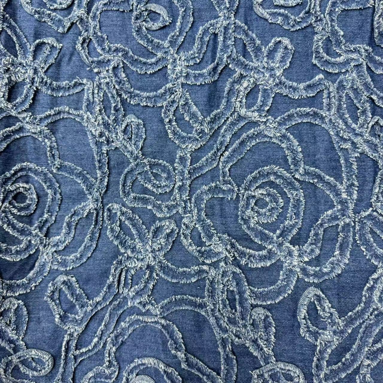 ZSY Shirt Bag Fabric Embroidery Flower for Jean Dress Denim Flower Pattern Blue Denim Embroidered Fabric