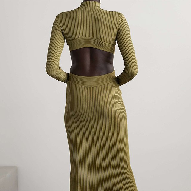 New Fashion Knitwear Army Green Cutout Ribbed-knit Midi Sweater Dress Casual Dress