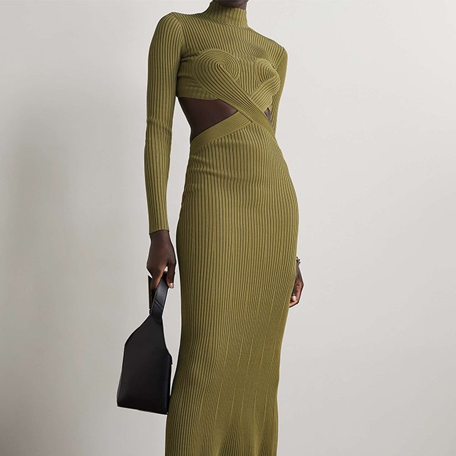 New Fashion Knitwear Army Green Cutout Ribbed-knit Midi Sweater Dress Casual Dress