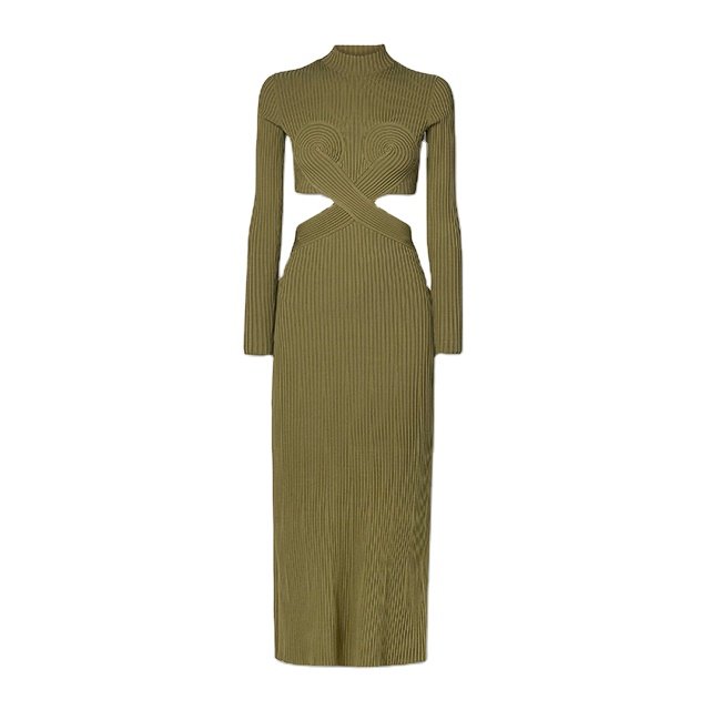 New Fashion Knitwear Army Green Cutout Ribbed-knit Midi Sweater Dress Casual Dress