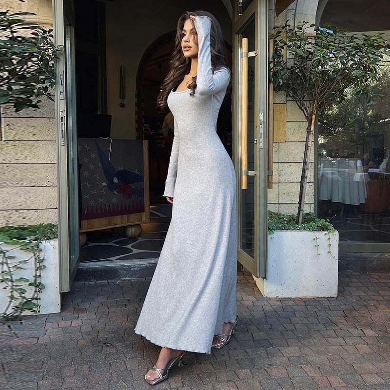 Ladies Dress Elegant Casual Ribbed Dresses Sexy U Neck Long Sleeve Maxi Dress