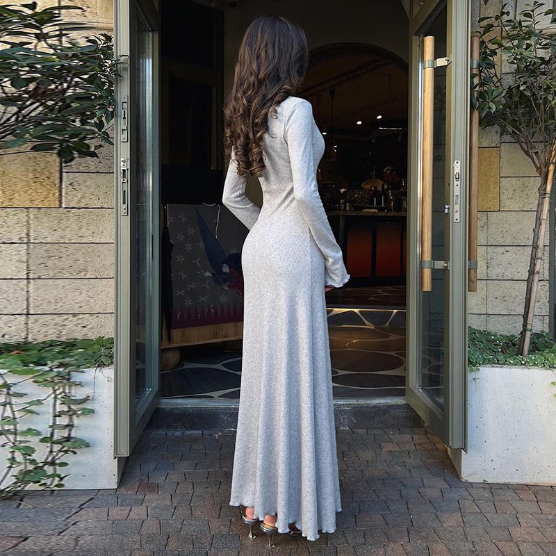 Ladies Dress Elegant Casual Ribbed Dresses Sexy U Neck Long Sleeve Maxi Dress