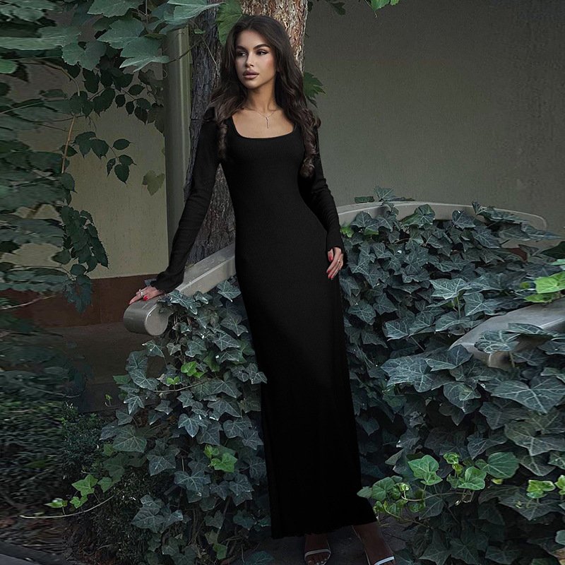 Ladies Dress Elegant Casual Ribbed Dresses Sexy U Neck Long Sleeve Maxi Dress