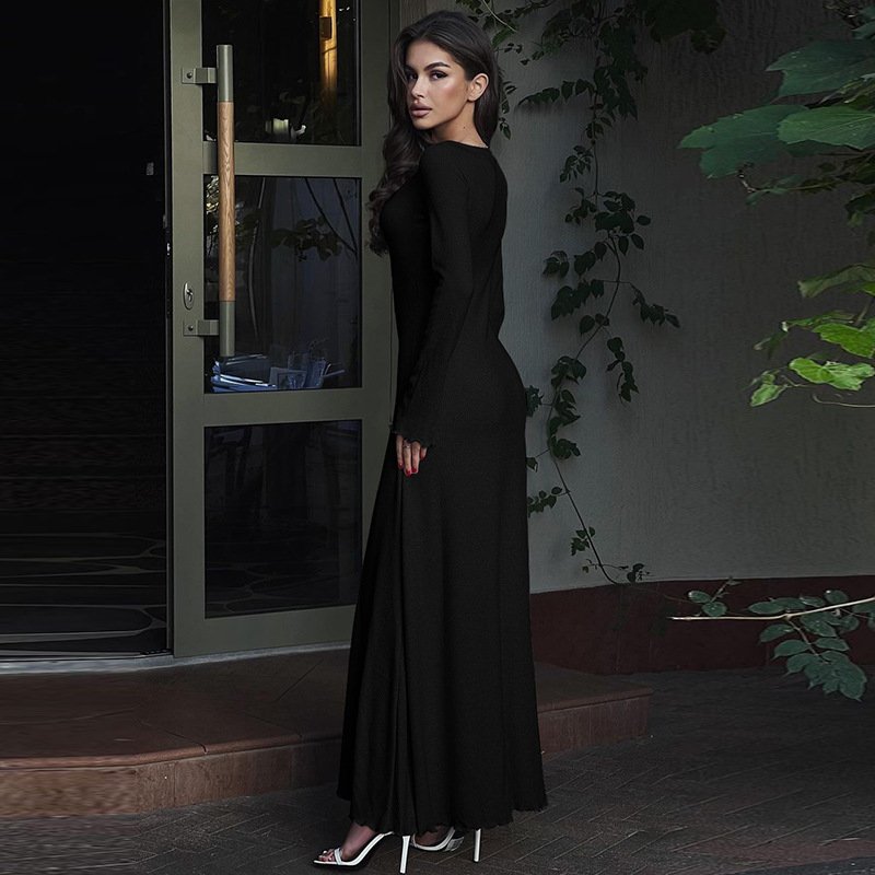 Ladies Dress Elegant Casual Ribbed Dresses Sexy U Neck Long Sleeve Maxi Dress