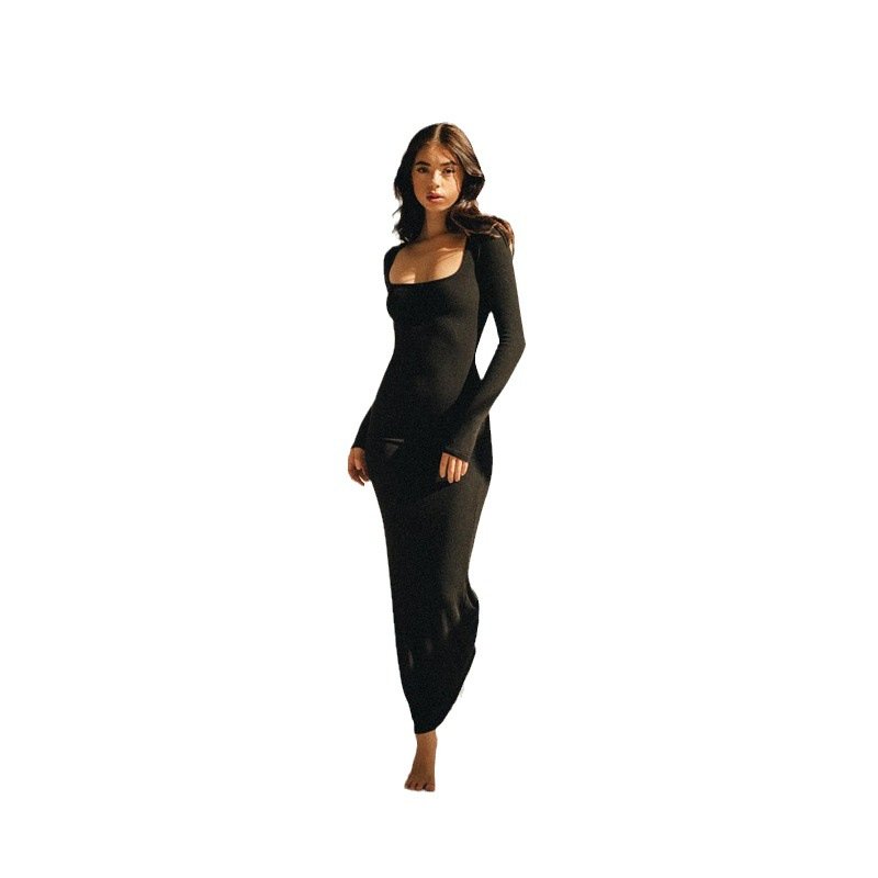 women's clothes solid color women lady temperament elegant dresses casual u neck skirt rib elastic slim long sleeve wrap dress