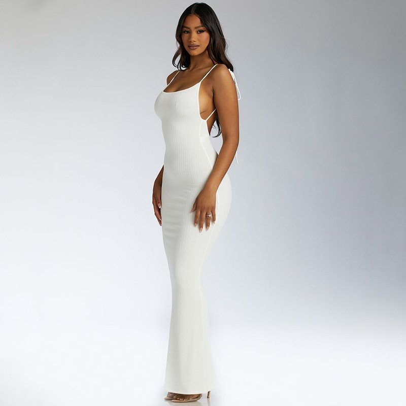 Wholesale Customized Color Halter Backless Bodycon Dresses Ladies Causal Girl Women Tie Strap Ribbed Backless Maxi Dress