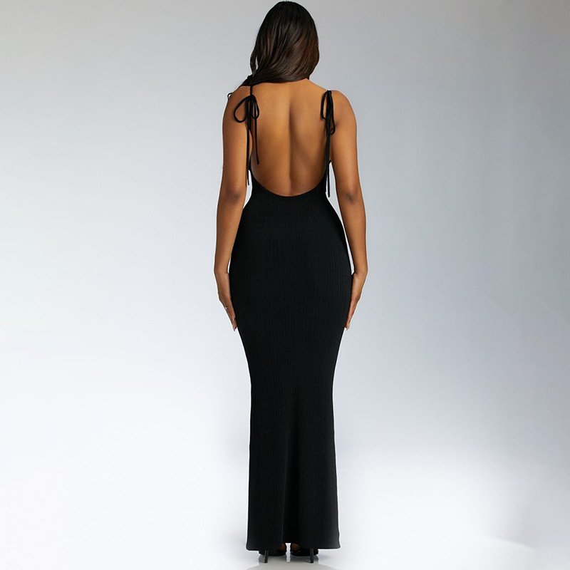 Wholesale Customized Color Halter Backless Bodycon Dresses Ladies Causal Girl Women Tie Strap Ribbed Backless Maxi Dress