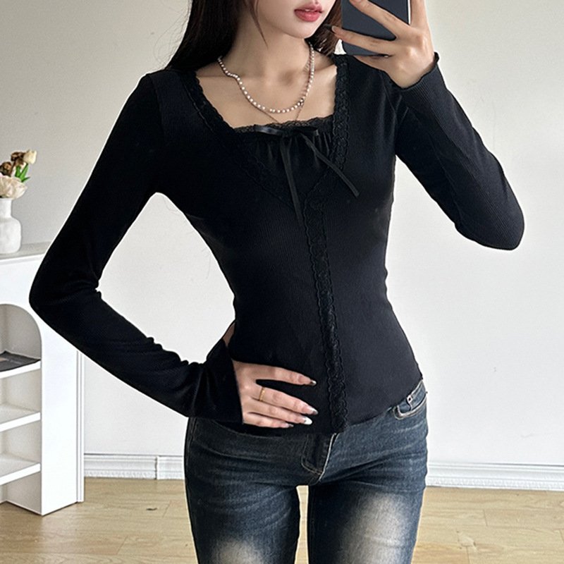French style black lace shirt false two-piece long sleeve new design women bottoming slim basic top