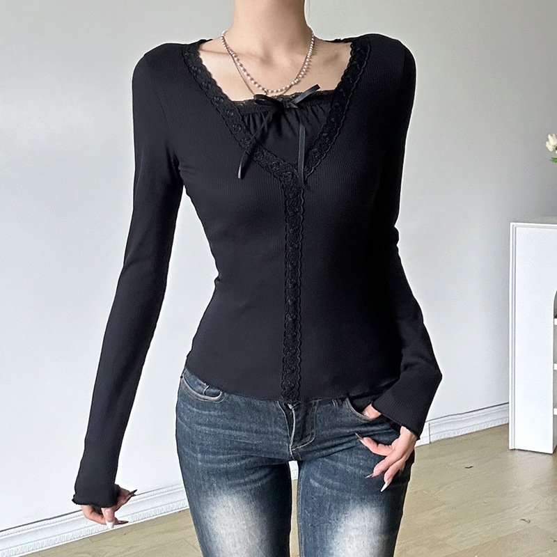 French style black lace shirt false two-piece long sleeve new design women bottoming slim basic top