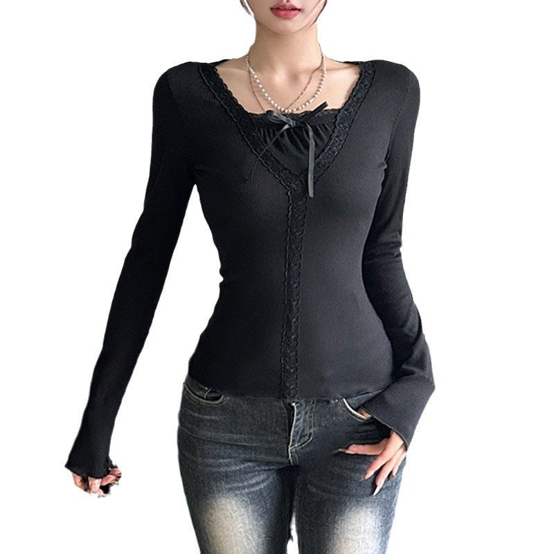 French style black lace shirt false two-piece long sleeve new design women bottoming slim basic top