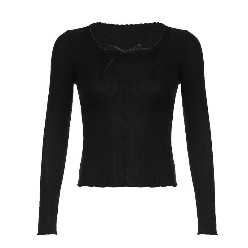 French style black lace shirt false two-piece long sleeve new design women bottoming slim basic top