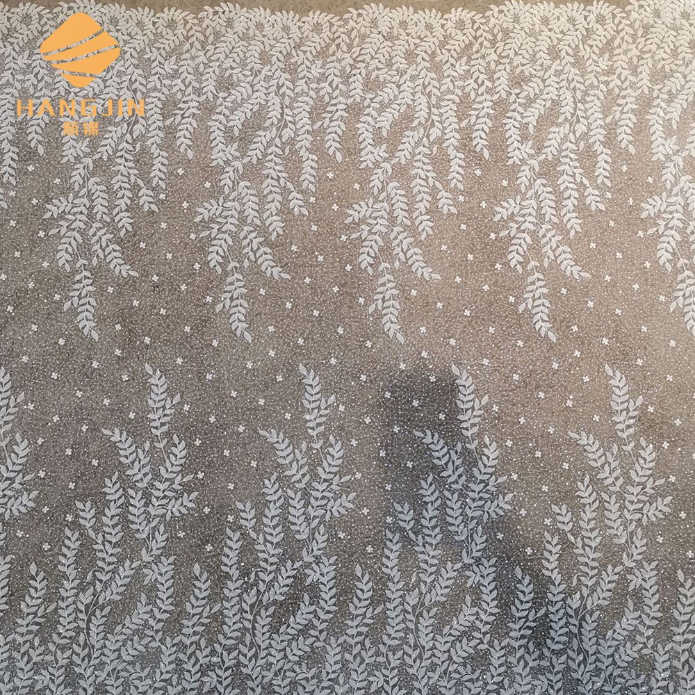 Bridal wedding leaf design white Sequin tulle beaded embroidery tulle lace fabric