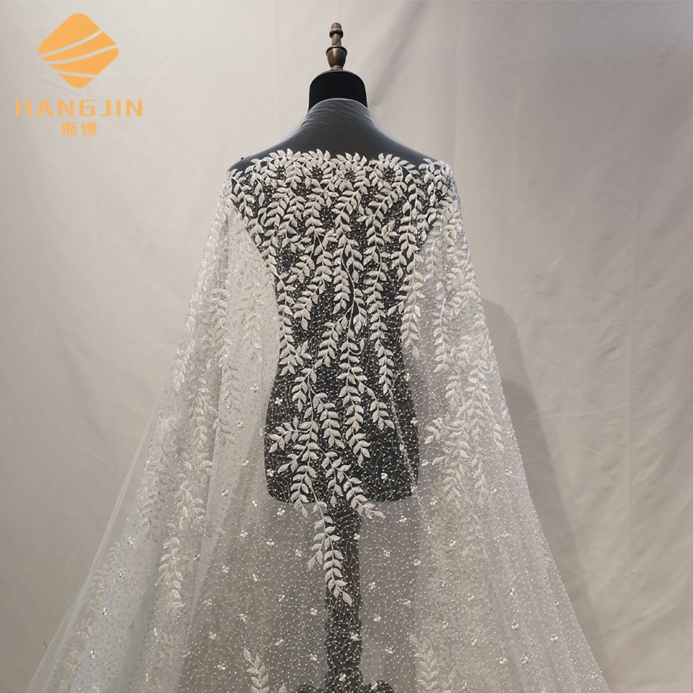 Bridal wedding leaf design white Sequin tulle beaded embroidery tulle lace fabric