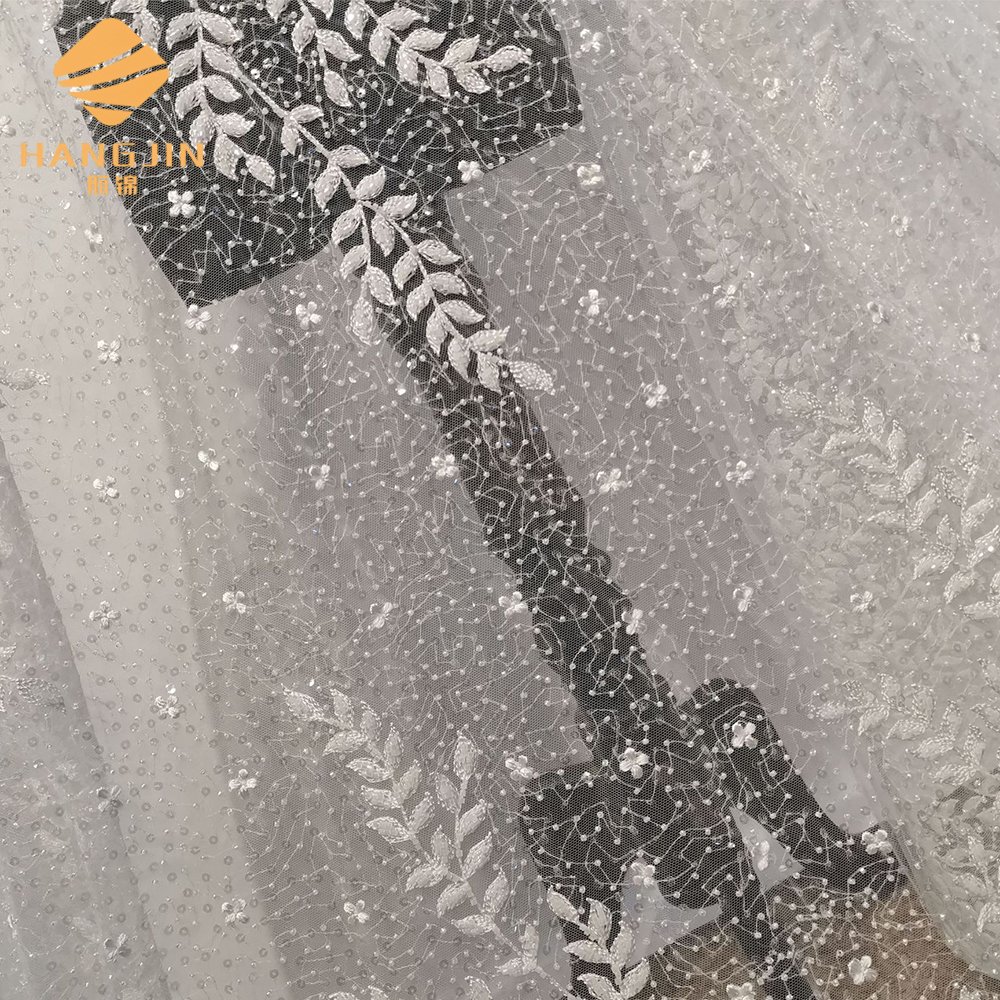 Bridal wedding leaf design white Sequin tulle beaded embroidery tulle lace fabric