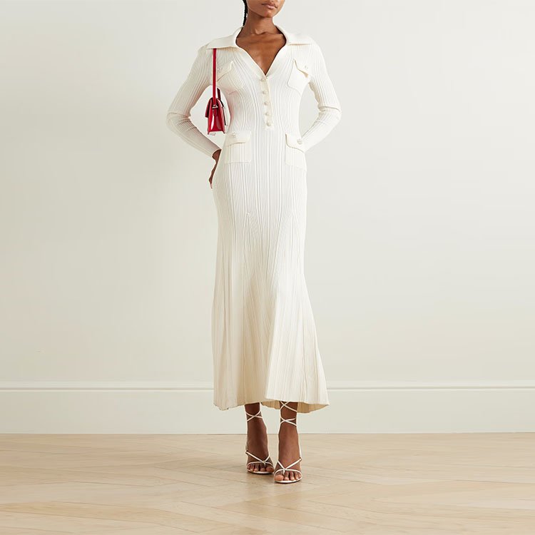 Knitwear manufacturer Custom spring autumn White Polo Neck Long Sleeve Rib Knit Elegant Casual Women Sweater Midi Dress