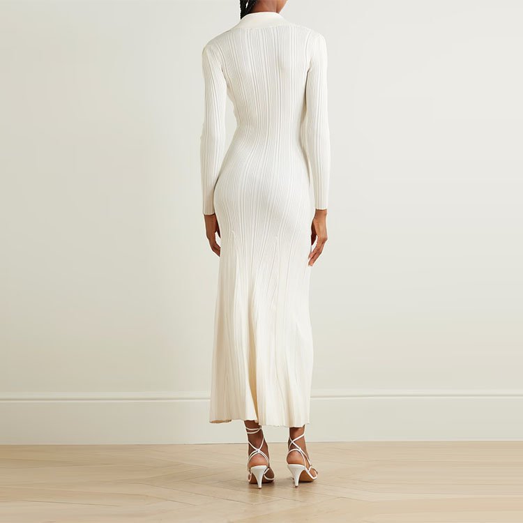 Knitwear manufacturer Custom spring autumn White Polo Neck Long Sleeve Rib Knit Elegant Casual Women Sweater Midi Dress