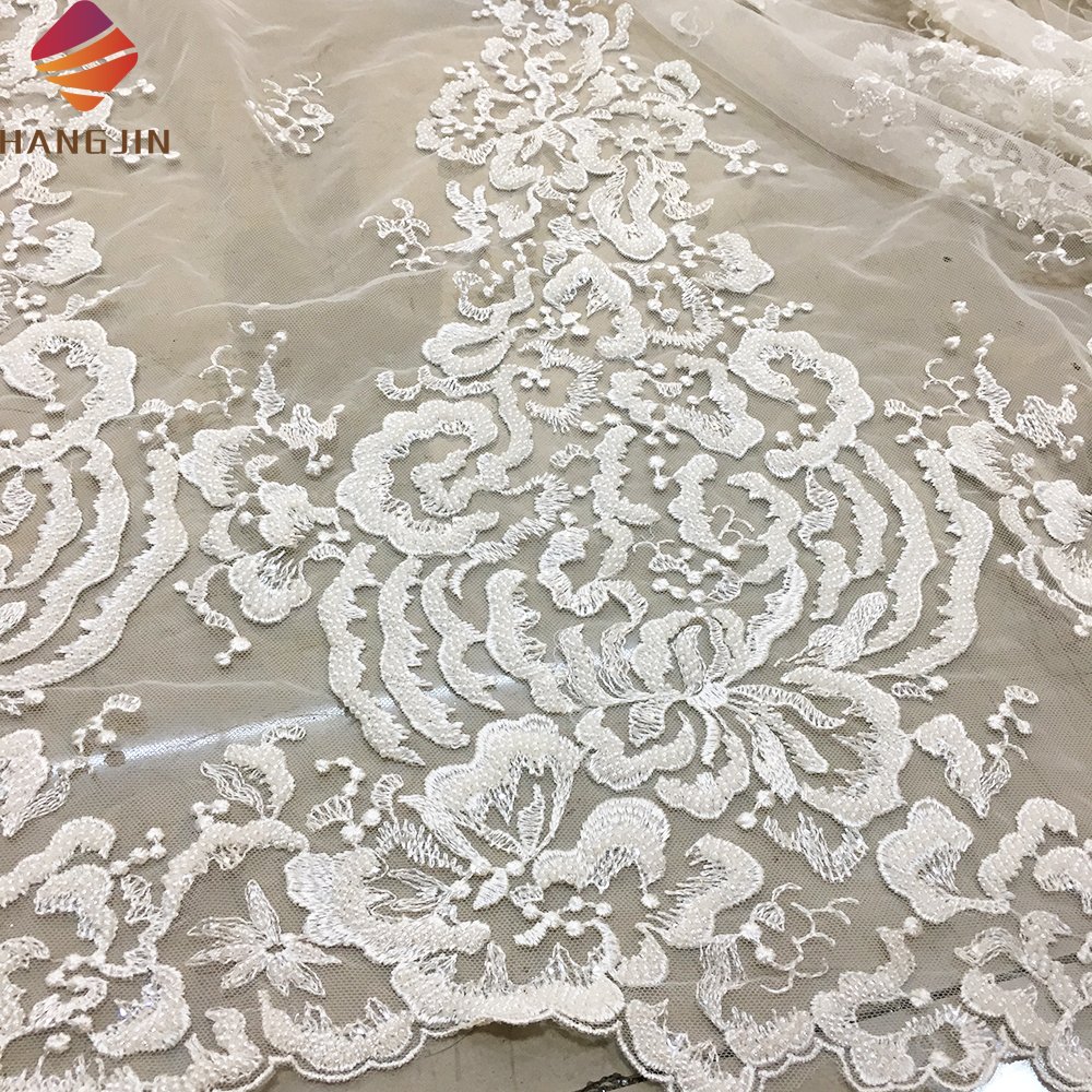 Luxury Hand Made Beaded French Tulle Lace 3D Flower White Wedding Lace Fabric With Embroidered Pearls